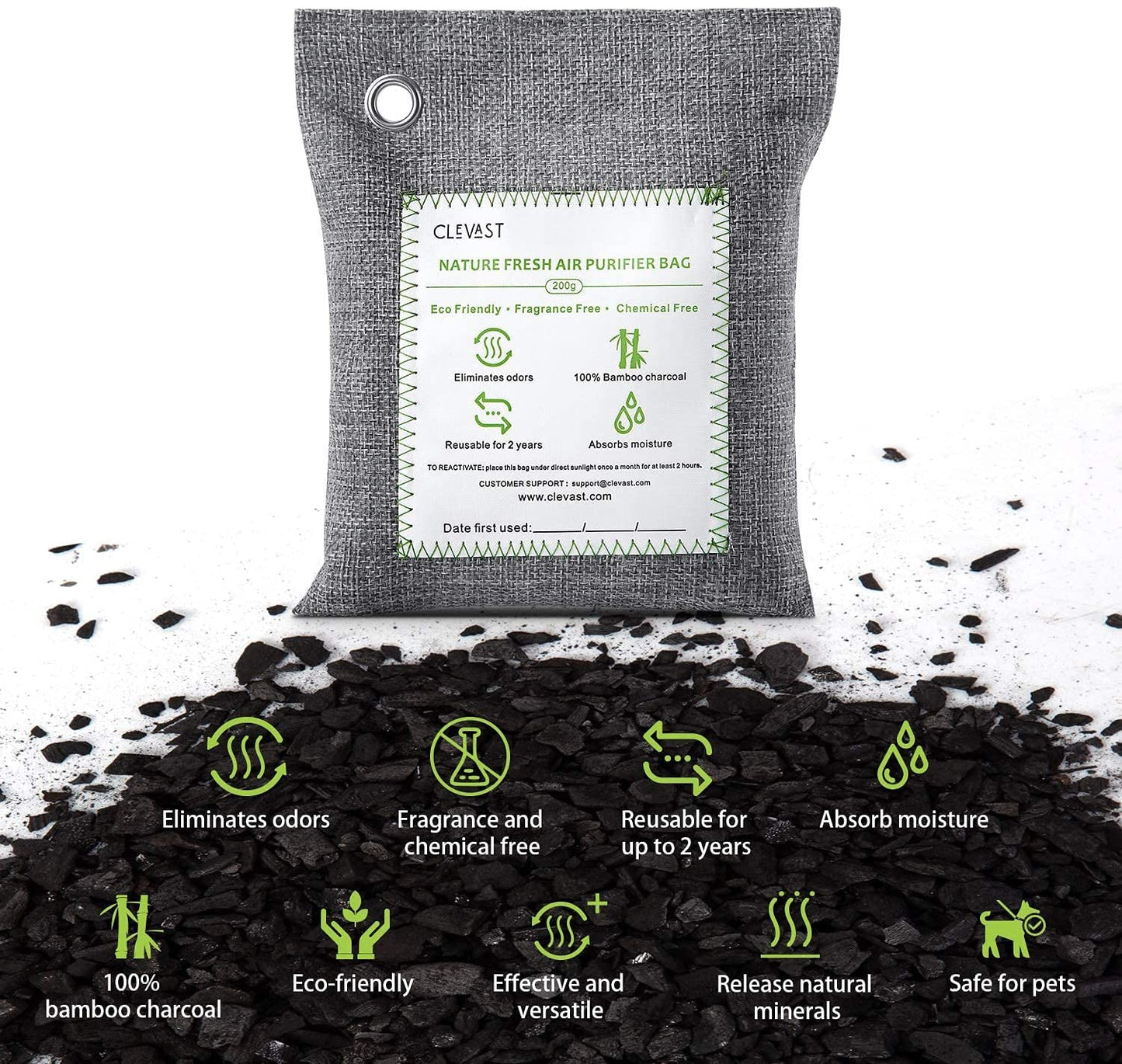 CLEVAST Bamboo Charcoal Air Purifying Bags (Large, 4×200g), Removes Odors and Moisture, Nature Fresh Air Purifier Bags, Odor Eliminator for Home, Car, Pets, Bathroom, Basement