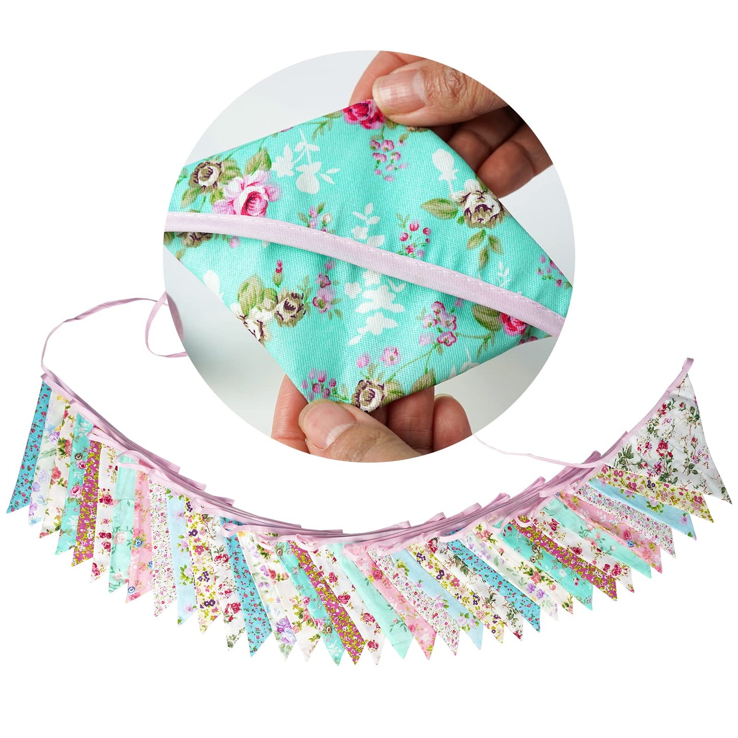 G2PLUS 36PCS Double Sided Fabric Bunting, 10M Blue and Purple Floral Cotton Banner, 17x19CM Large Triangle Garland Reusable for Indoor and Outdoor Party Decoration