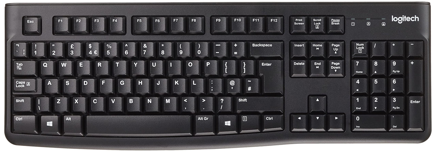 Logitech K120 Wired Business Keyboard for Windows or Linux, USB Plug-and-Play, Full-Size, Spill Resistant, Curved Space Bar, PC/Laptop, QWERTY UK Layout - Black