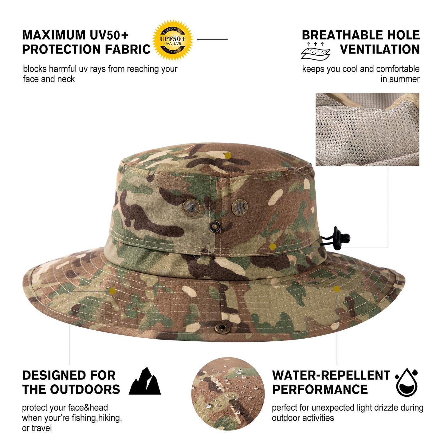 Comhats UPF 50 Sun Hats for Men Wide Brim Summer Safari Fishing Hiking Boonie Waterproof Camo Army Green Large X-Large XL L Oversized