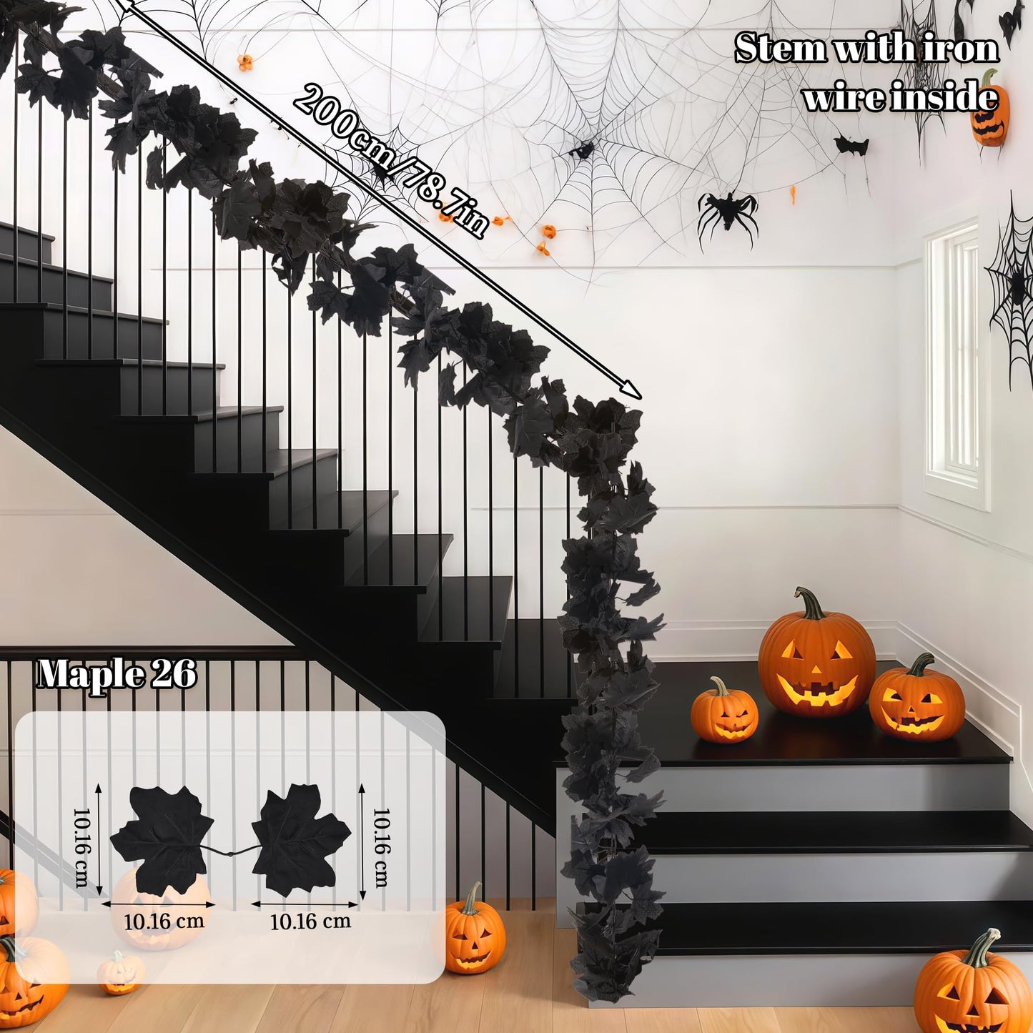 AWARDSEN 13 FT Black Garland Halloween 2pcs Artificial Black Maple Leaf Garlands Fall Leaves Vines for Autumn Thankgiving Halloween Decoration for Home
