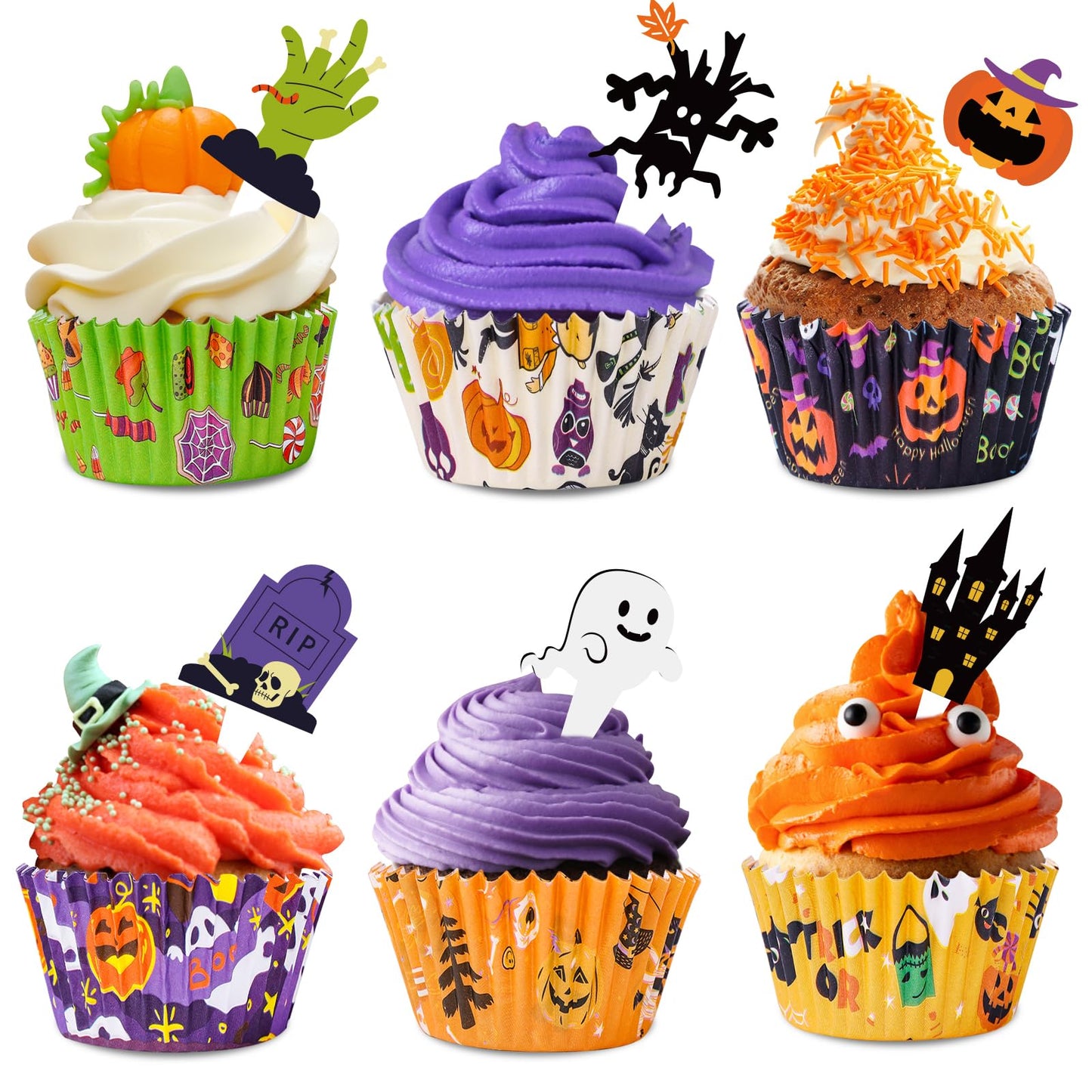 Homyplaza Halloween Cupcake Liners with Toppers Picks, Standard Wrappers Cupcake Disposable Baking Cups Muffin Liners for Halloween Party Decorations Supplies (150 Liners & 150 Toppers)