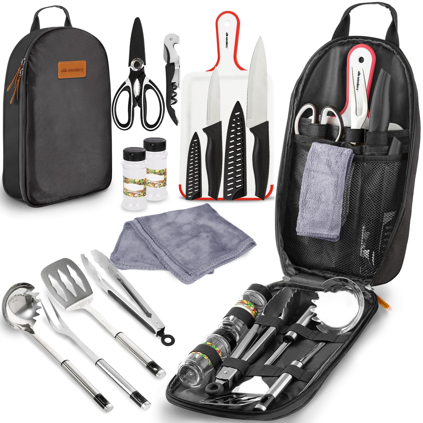 12 Piece Camp Kitchen Cooking Utensil Set Travel Organizer Grill Accessories Compact Gear for Backpacking BBQ Camping Hiking and Travel Black