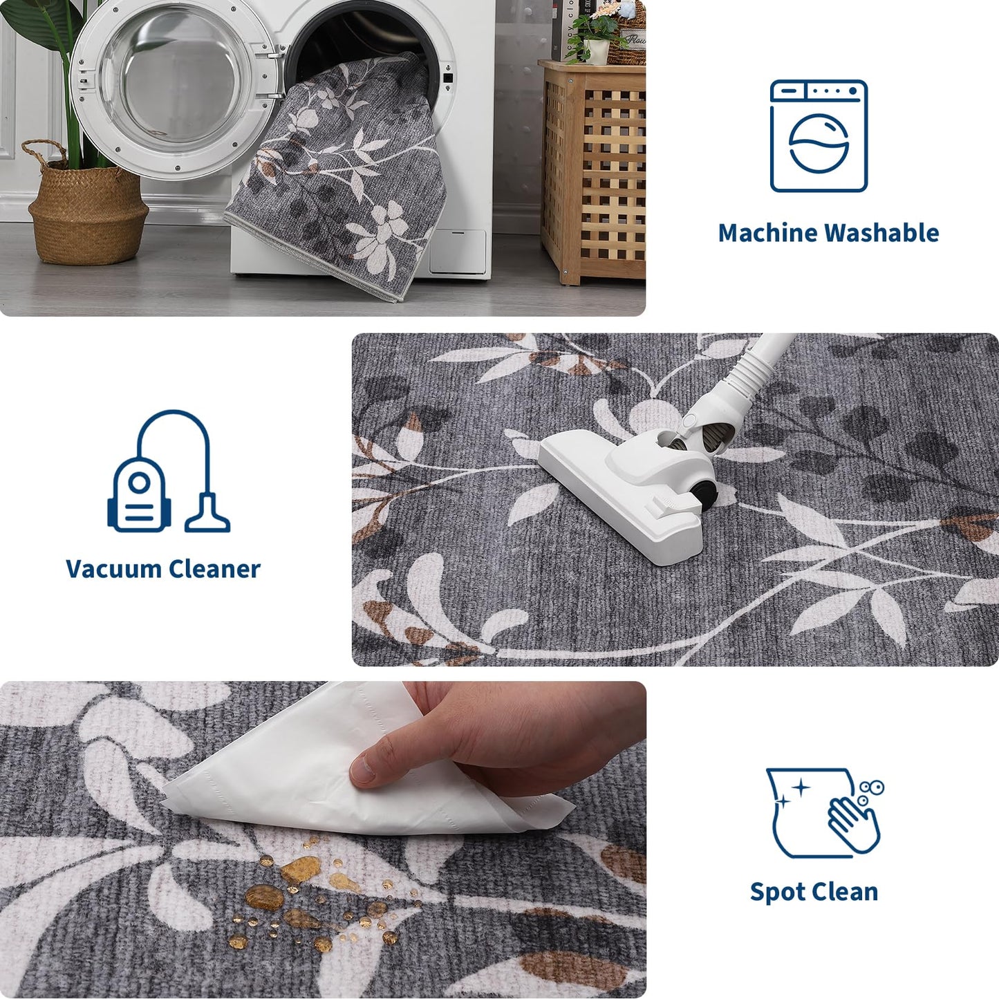 Garvee 5x7 Washable Living Room Rugs, Non Slip Bedroom Rugs, Large Floral Print Throw Carpet for Dining Room, Soft Low Pile Botanical Home Decor Rug for Nursery Home Office, Grey