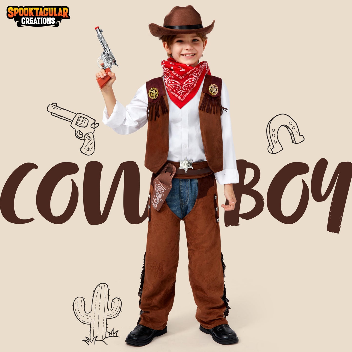 Spooktacular Creations Halloween Cowboy Hat Costume for Boys, Kids Brown Western Costume, Deluxe Boys Cowboy Outfit Set for Toddler Halloween RolePlay Themed Party (Small, 5-7 yrs)