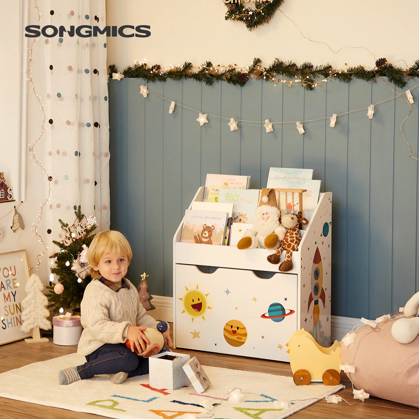 SONGMICS Toy Organiser, Children抯 Bookshelf with 3 Shelves, Removable Storage Box with Wheels, Multipurpose, for Children's Room and Playroom, White GKR41WT