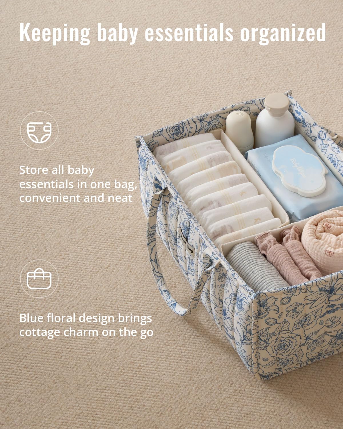 Blissful Diary Floral Diaper Caddy Organizer, Stylish Nursery Storage Basket, Gift for Baby Shower, Baby Registry Must Have, Newborn Essentials, Blue Floral
