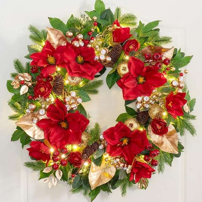 24 Inch Magnolia Christmas Wreath for Front Door, Christmas Wreath with LED Lights, Red Flowers, Red Berries, Pinecones Christmas Decorations,Winter Door Wreath for Wall Window Indoor or Outdoor