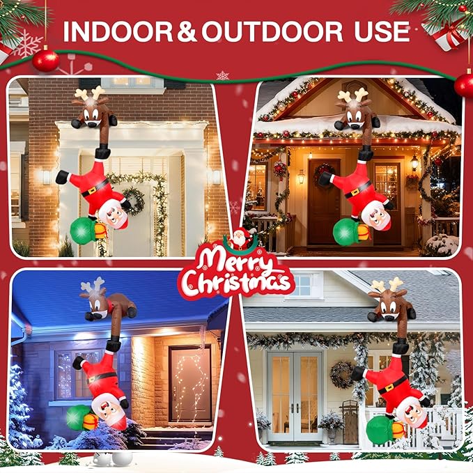 8FT Hanging Christmas Inflatables Decorations Outdoor,Blow Up Christmas Reindeer and Climbing Santa Claus with Built-in LEDs Lights for Indoor Holiday Party Yard Garden Lawn Décor