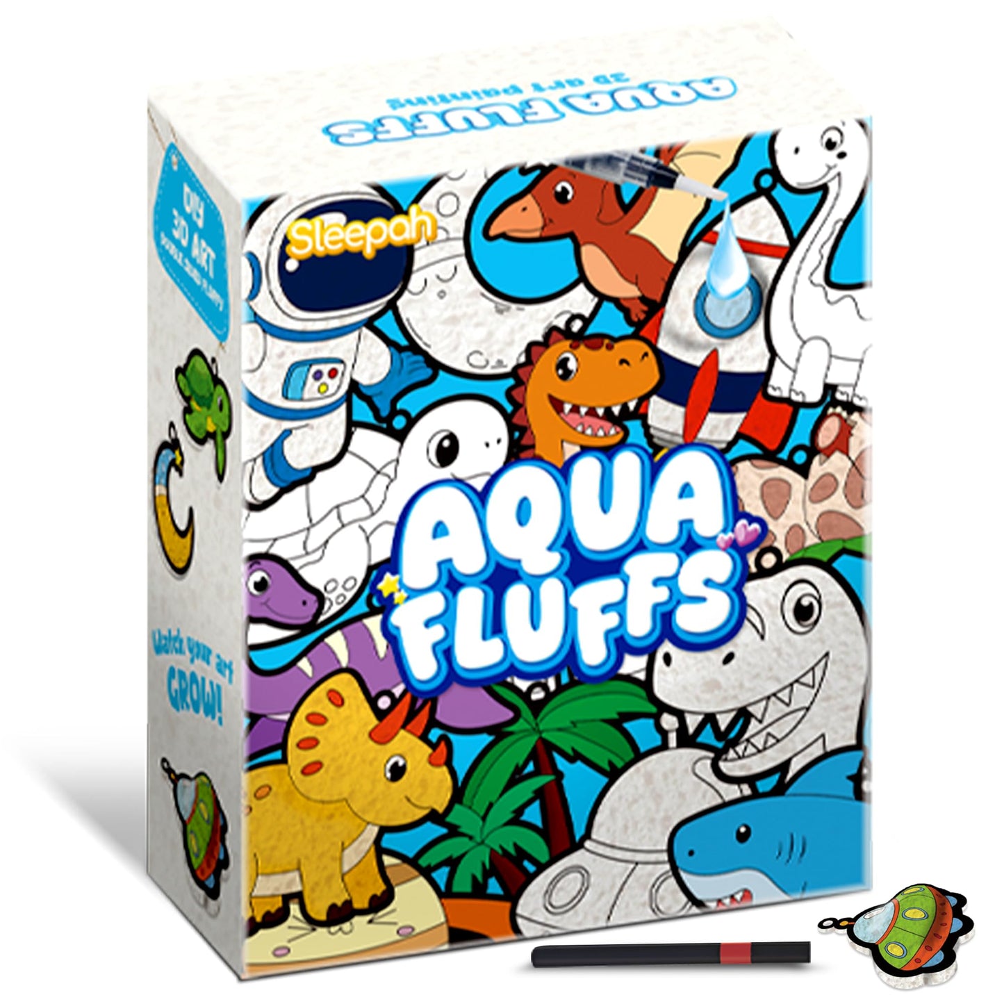 Aqua Puffs Fluffs Mess-Free 3D Art Puffs Kit for Kids Double-Sided Water-Activated Craft with Dinosaur & Space Designs, No Glue or Paint, Creative Activity for Boys & Girls Ages 3โ8 Dinosours & Space
