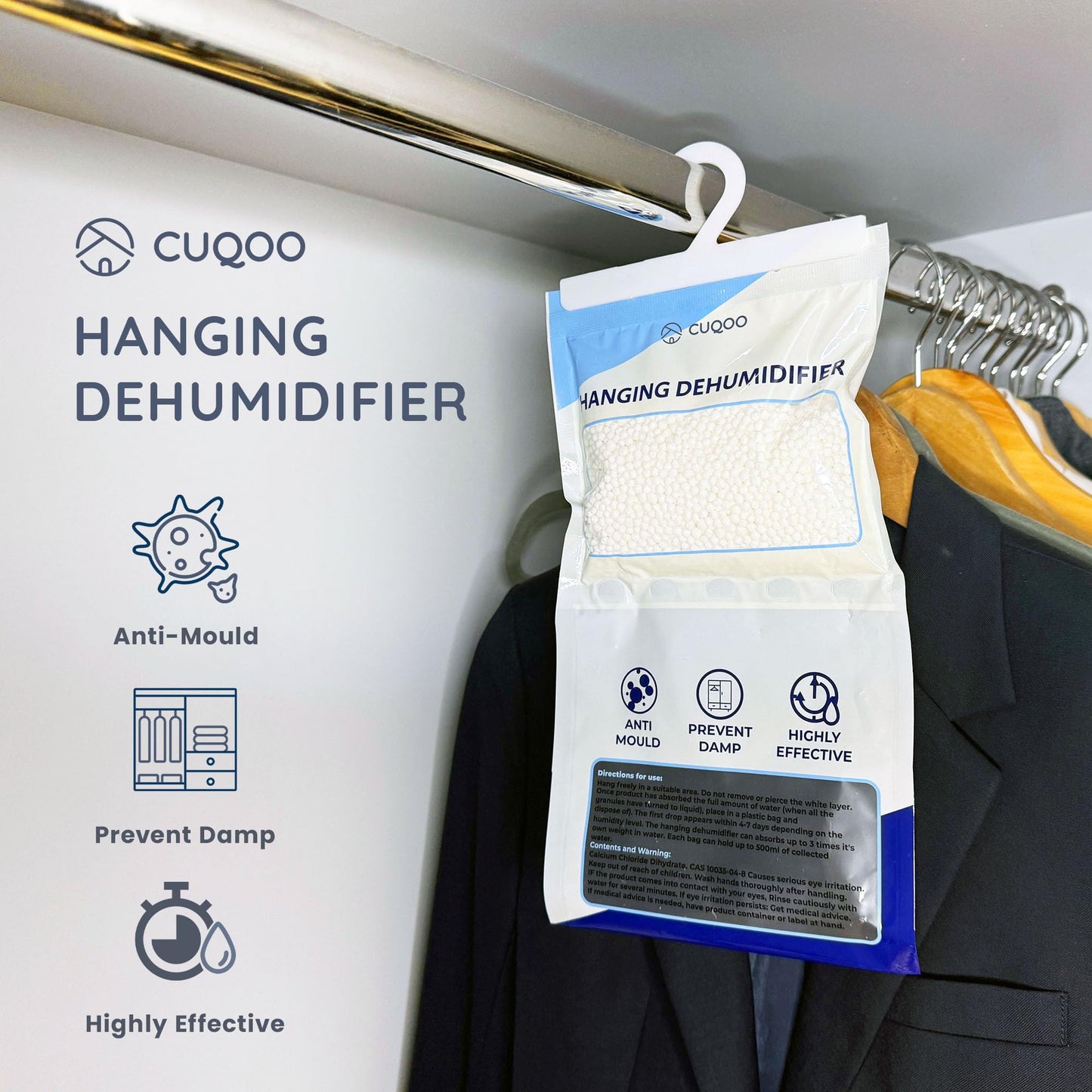 CUQOO Hanging Wardrobe Dehumidifier Bags β Disposable Moisture Absorber 12-Pack Sachets for Wardrobes; Hanging Dehumidifier Bag for Closet, Windows & Home Condensation Absorbers
