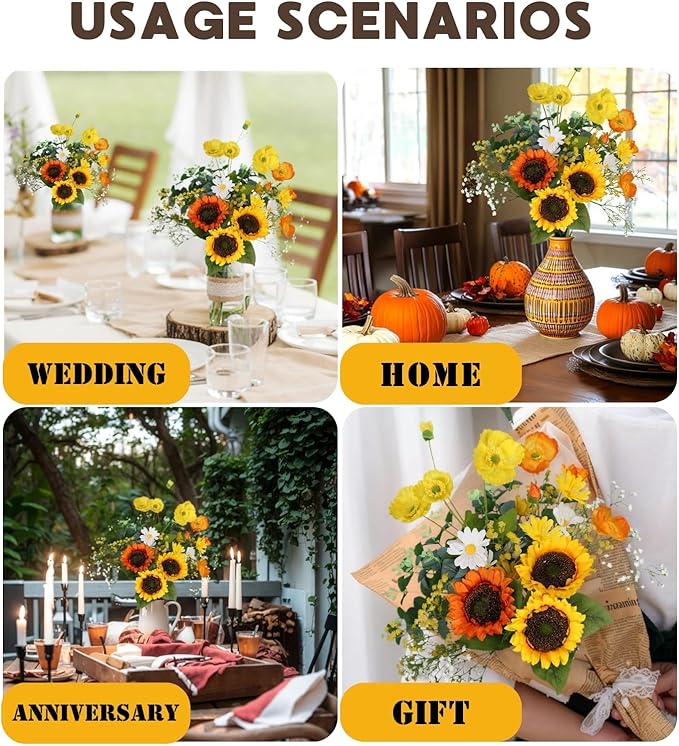Fall Artificial Sunflowers Bouquet 20" Fake Flower for Thanksgiving with Faux Silk Sunflower for Wedding Centerpieces Home Decor Party Table Floral Arrangements Indoor Outdoor Autumn Decorations