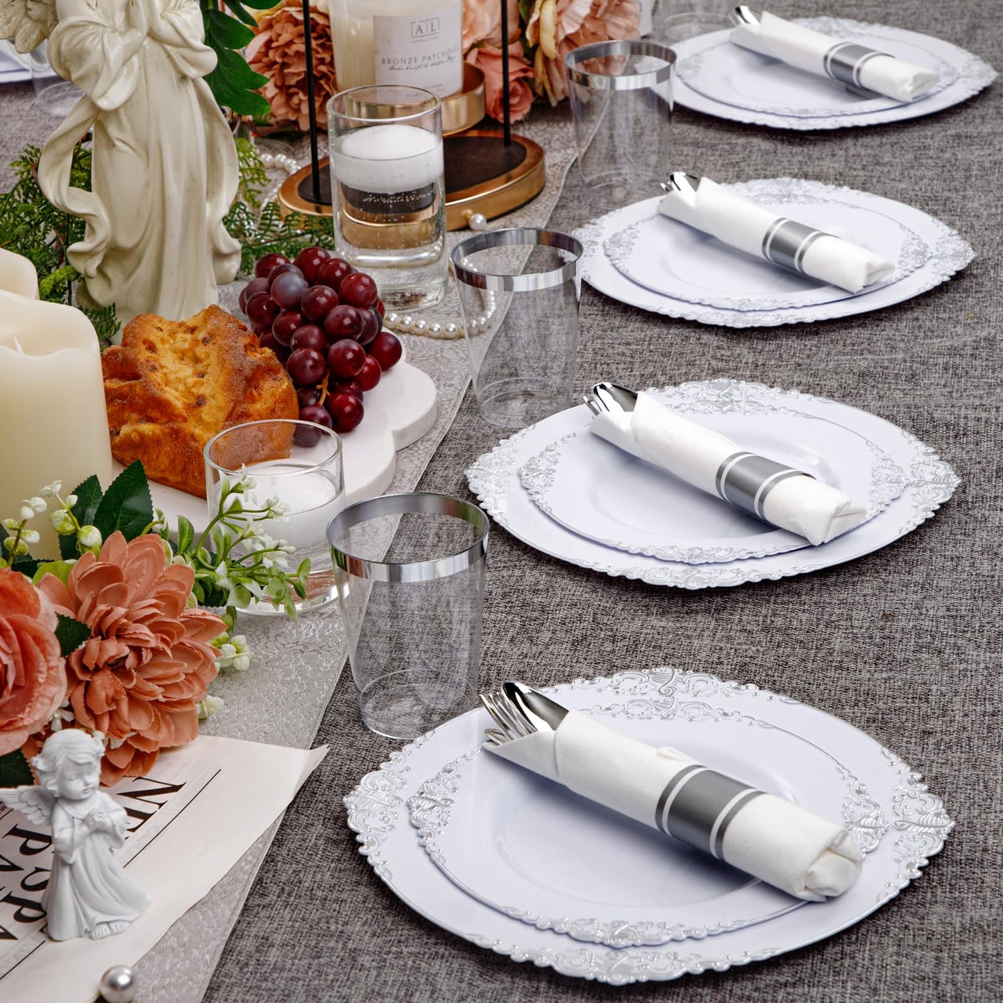 Hioasis 210pcs White and Silver Plastic Plates - Elegant Disposable Dinnerware Set Suitable for 30 Guests Include 10.25 Dinner & 7.5 Dessert Plates, Pre Rolled Silverware Set, Cups for Party & Wedding