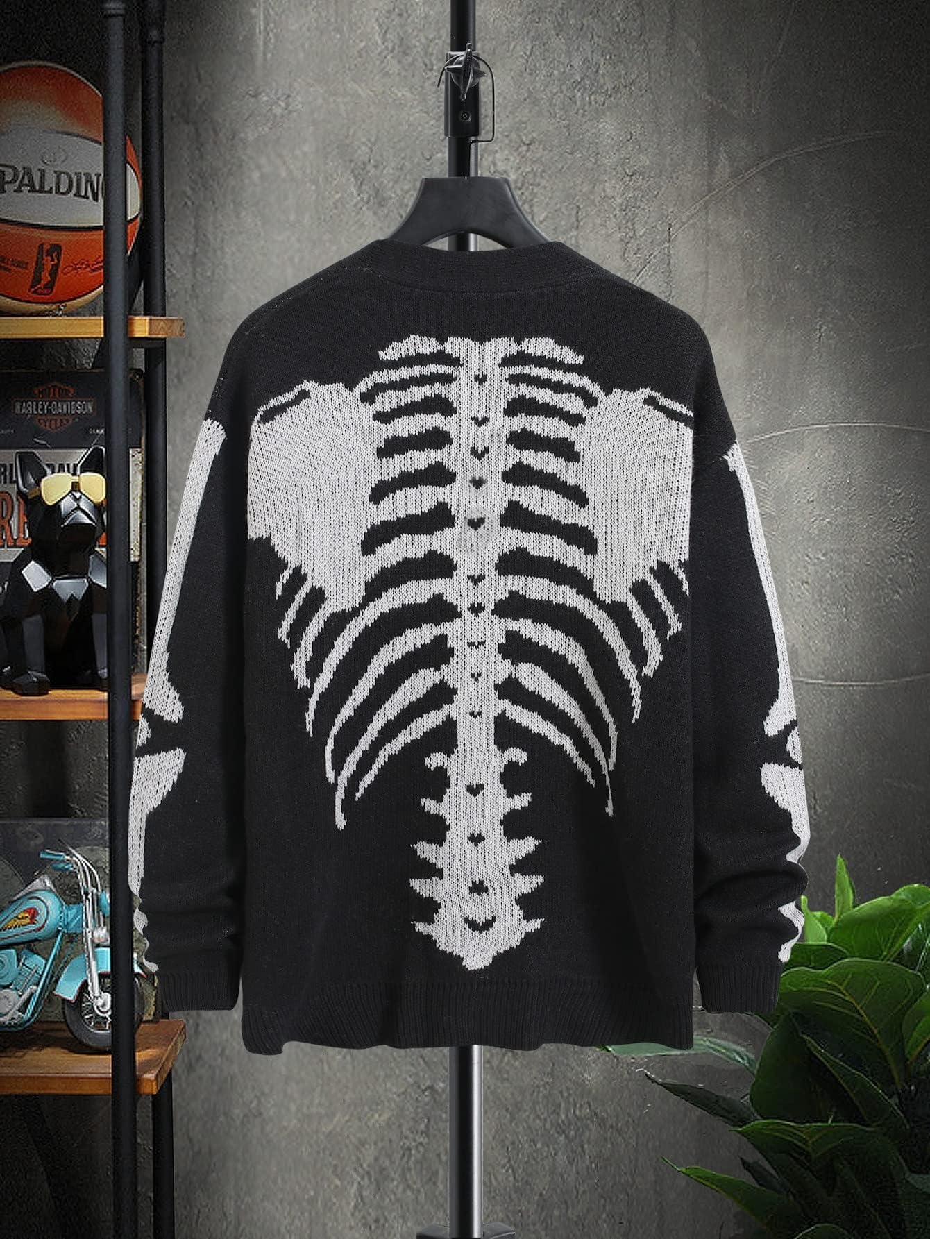 SHENHE Men's Skeleton Pattern Cardigan Sweaters Long Sleeve Unisex Outwear Knitted Coats Black XL