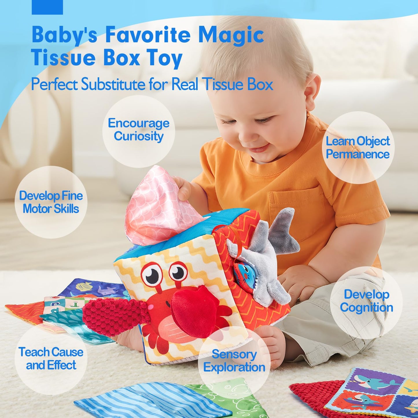 hahaland Baby Tissue Box Toy - Baby Toys 6-12 Months Montessori Toys for 6 Month Old with Textured Tails, Cloth Tissues, Crinkle, Squeaky Sounds, Mirror - Gifts Play Silks Sensoy Scarves for Babies