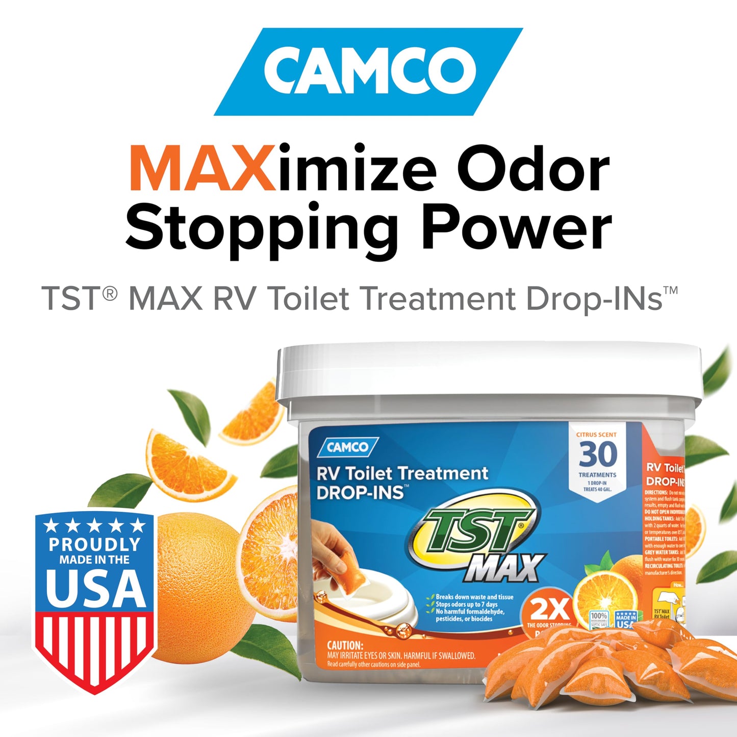 Camco TST MAX RV Toilet Treatment Drop-INs - Control Unwanted Odors & Break Down Waste and Tissue - Safe Septic Tank Treatment - Orange Scent, 30-Pack (41183)