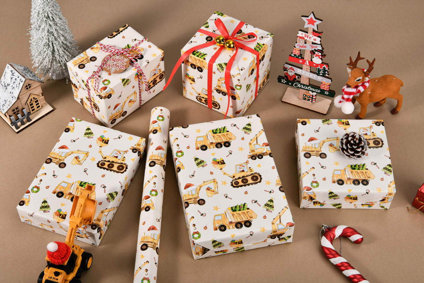 Titiweet Construction Christmas Wrapping Paper - 17" x 16.4 ft - Christmas Truck with Santa, Trees Gift Wrap for Kids Boys(Construction)