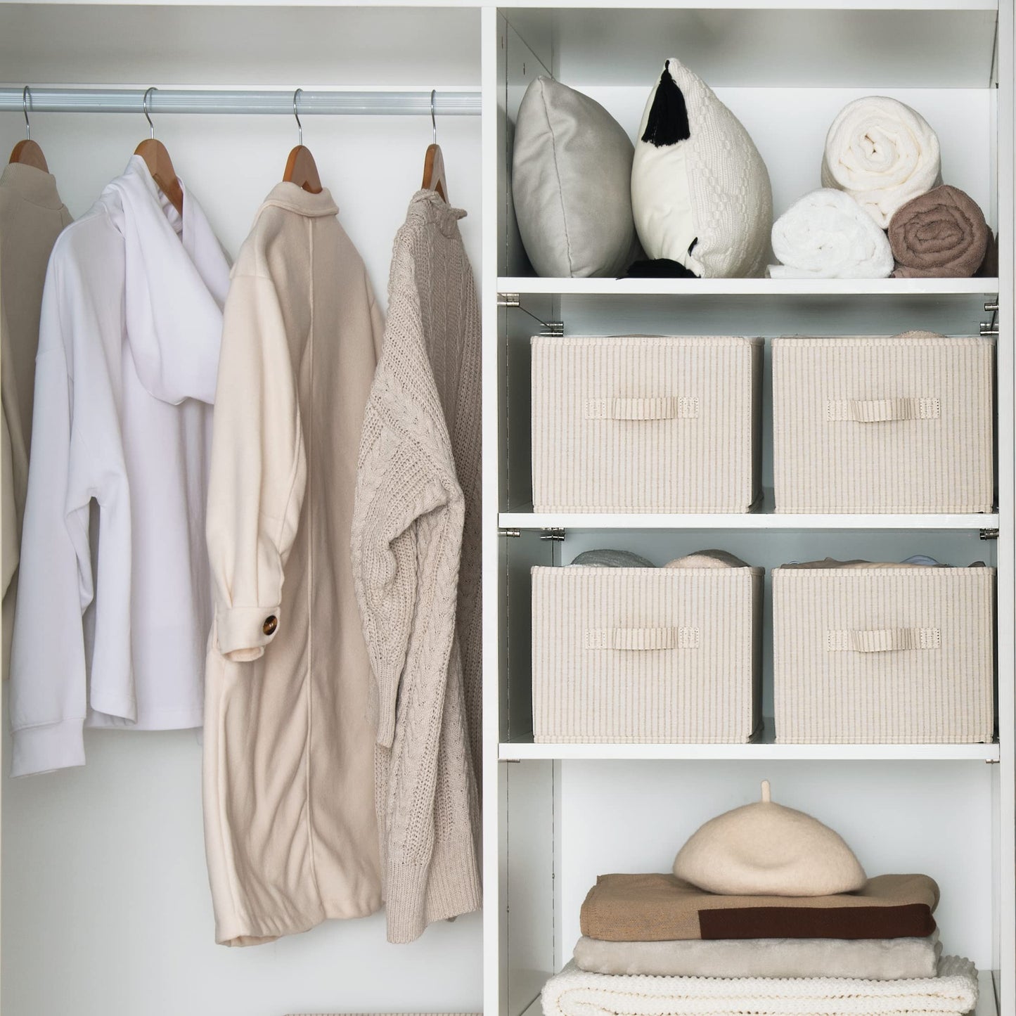 StorageWorks Shelf Storage Boxes, Large Storage Baskets for Shelves, Rectangular Closet Organisers with Handles, Foldable Closet Storage Baskets for Utility Room, Beige Stripes, 3-Pack