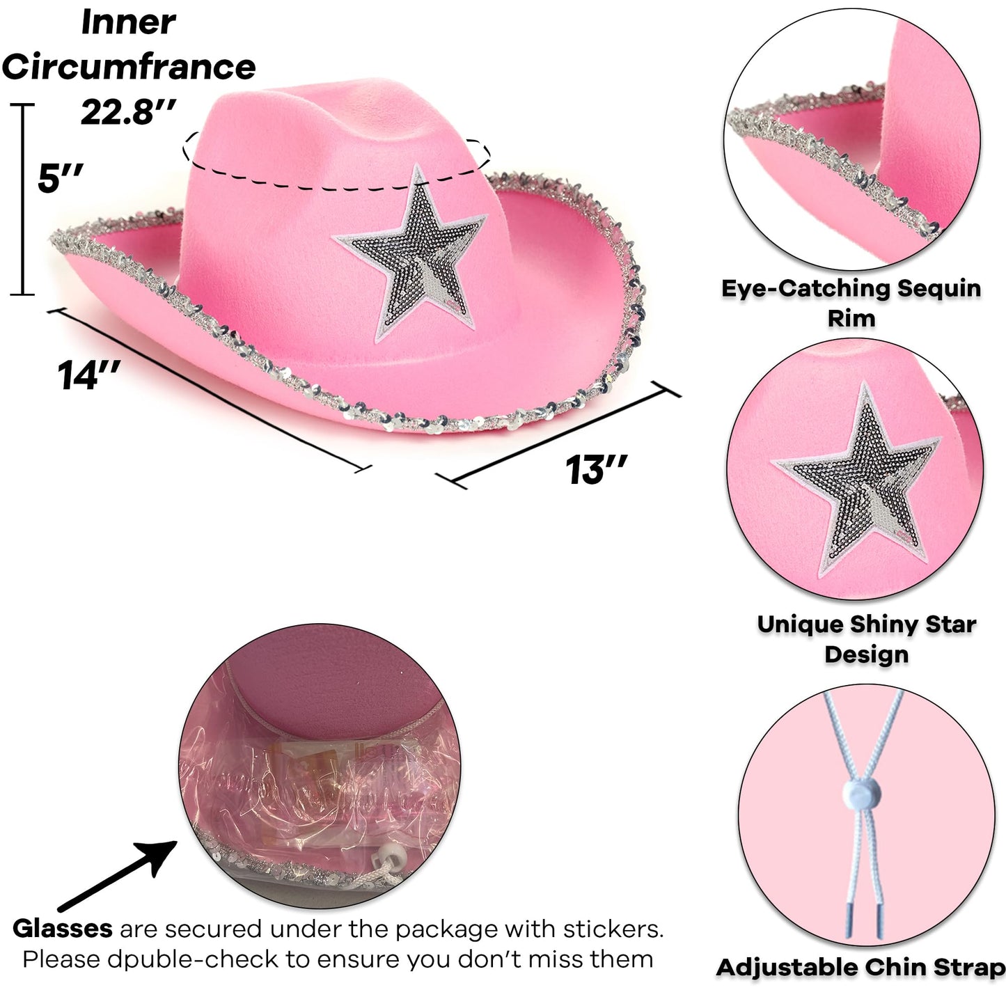 Funcredible Pink Cowboy Hat and Glasses - Preppy Cowgirl Hat with Star - Sparkly Cowboy Hats - Cowgirl Outfit Accessories for Women and Girls