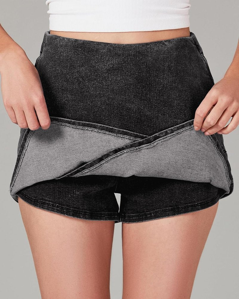 High-Waisted Jean Skorts for Women - Stretchy Denim Wrap Skirt with Shorts | Trendy Asymmetrical Design