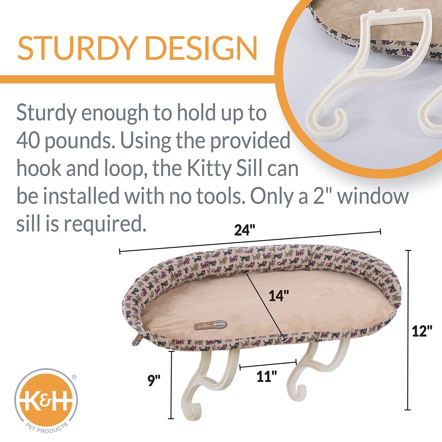 K&H Pet Products Bolster Kitty Sill Cat Window Perch Bed for Large Cats, Orthopedic Window Hammock Holds 40 lbs, Washable Cover, Indoor Windowsill Furniture Bed Seat - Tan/Kitty Unheated 14 X 24in