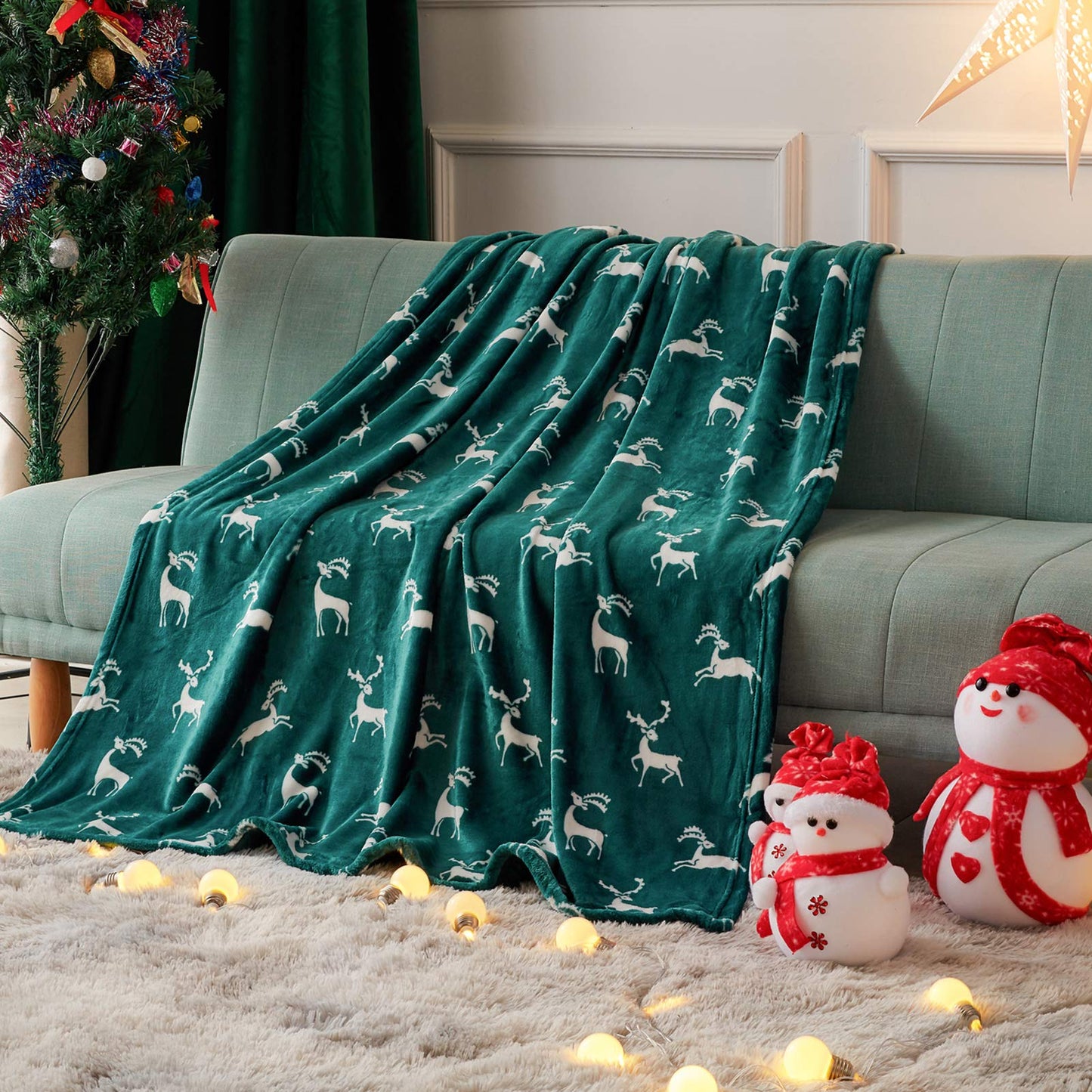 FY FIBER HOUSE Christmas Home Decor Flannel Fleece Throw Blanket for Couch Sofa with Reindeer Print,50"X60", Green