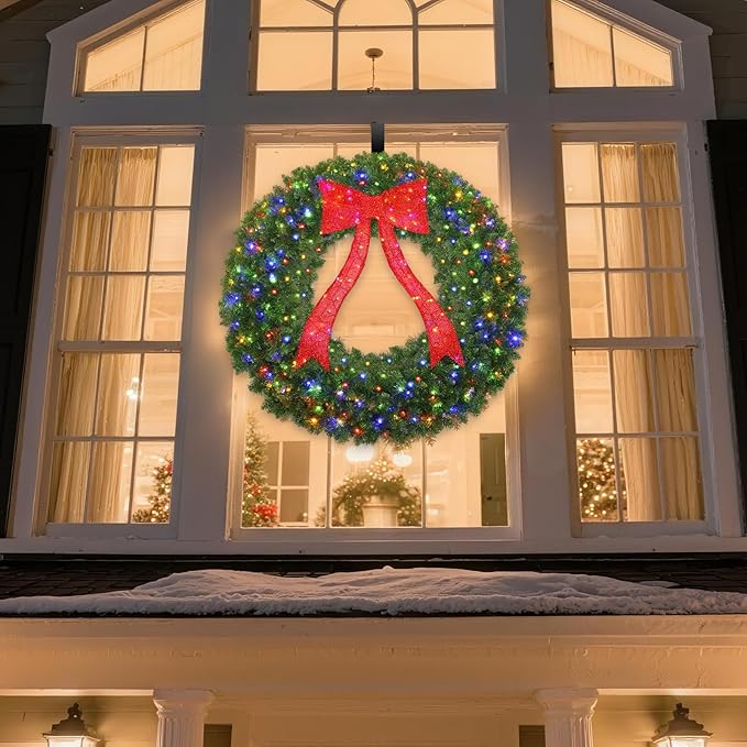 48in Prelit Christmas Wreath - Large Outdoor Christmas Wreath with Lighted Red Christmas Bow, Metal Hook, 714 Branch Tips & 250 Multicolor LED Lights for Front Door Window Holidy Decor