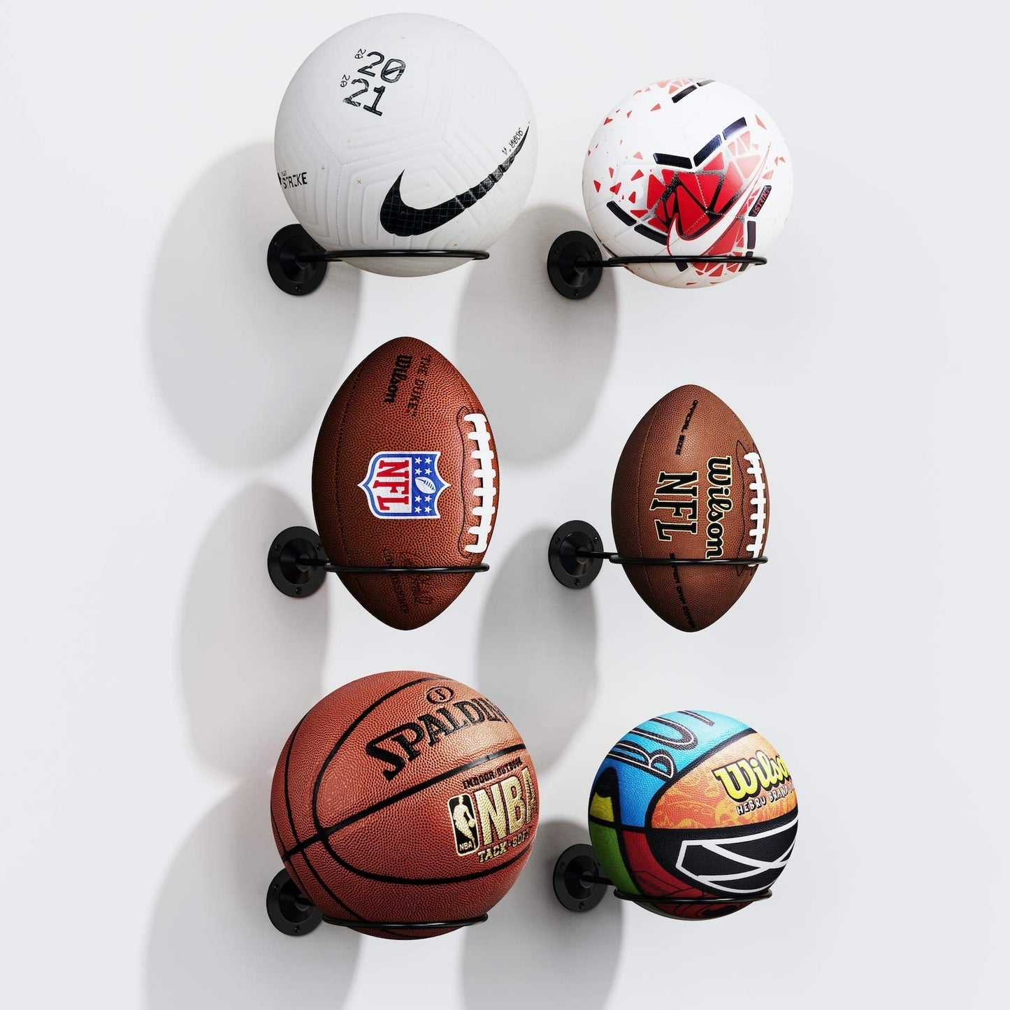 S SUCHEK Basketball Holder Wall Mount, Ball Holder Wall Mount, Ball Display Wall Storage for Basketball, Soccer Ball, Volleyball, Football, Rugby(4 Pieces, Black)