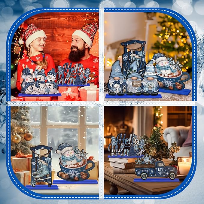 Realspring 6 Pcs Wooden Winter Table Decor Blue Winter Tiered Tray Decor Wood Decorative Gnome Snowman Truck Signs Hello Centerpieces for Kitchen Office Home