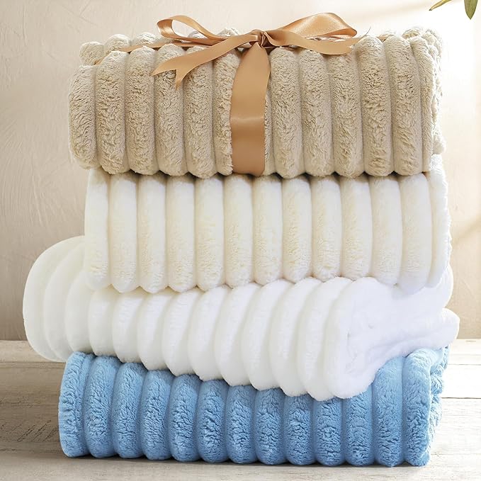 decorUhome Soft Fleece White Blanket King Size for Bed, Cozy Fluffy Plush Flannel Large Striped Throws for Couch Sofa, Lightweight Decorative Fuzzy Blanket for Woman, 108x90 Inches