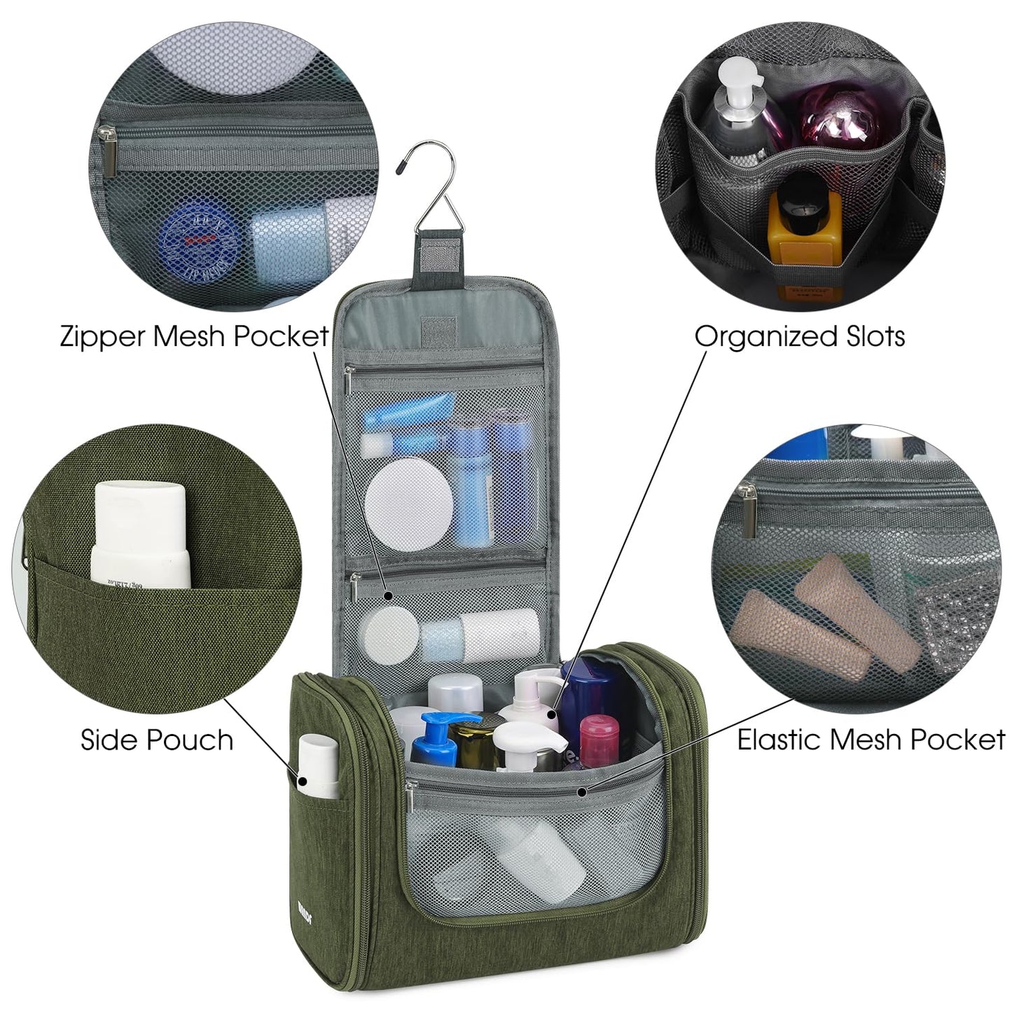 Large Hanging Toiletry Wash Bag Travel Makeup Cosmetic Organizer for Men Women by WANDF (Dark Green)