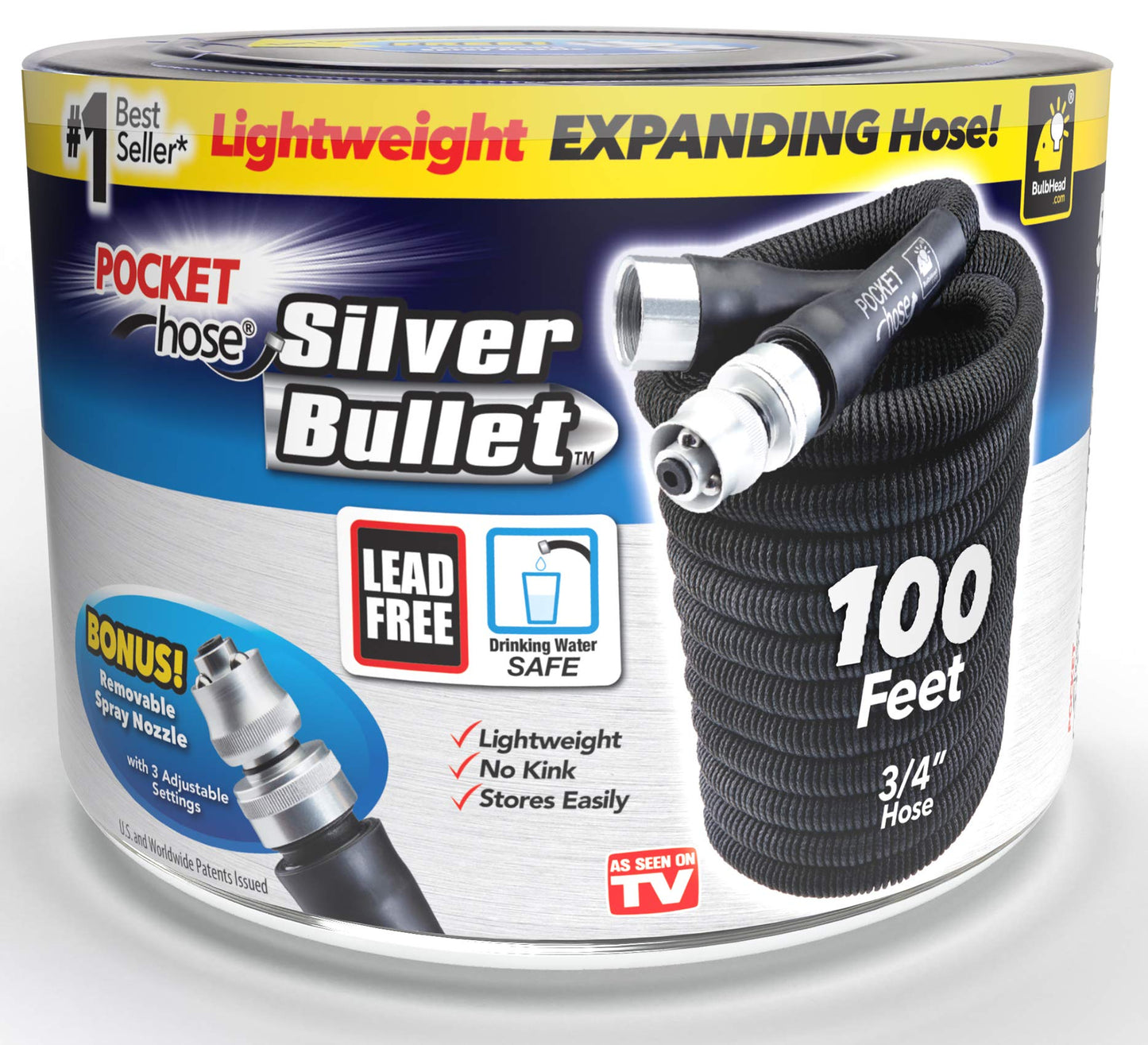 Pocket Hose Silver Bullet 100 ft Turbo Shot Nozzle Multiple Spray Patterns Expandable Garden Hose 3/4 in Solid Aluminum Fittings Lightweight and No-Kink