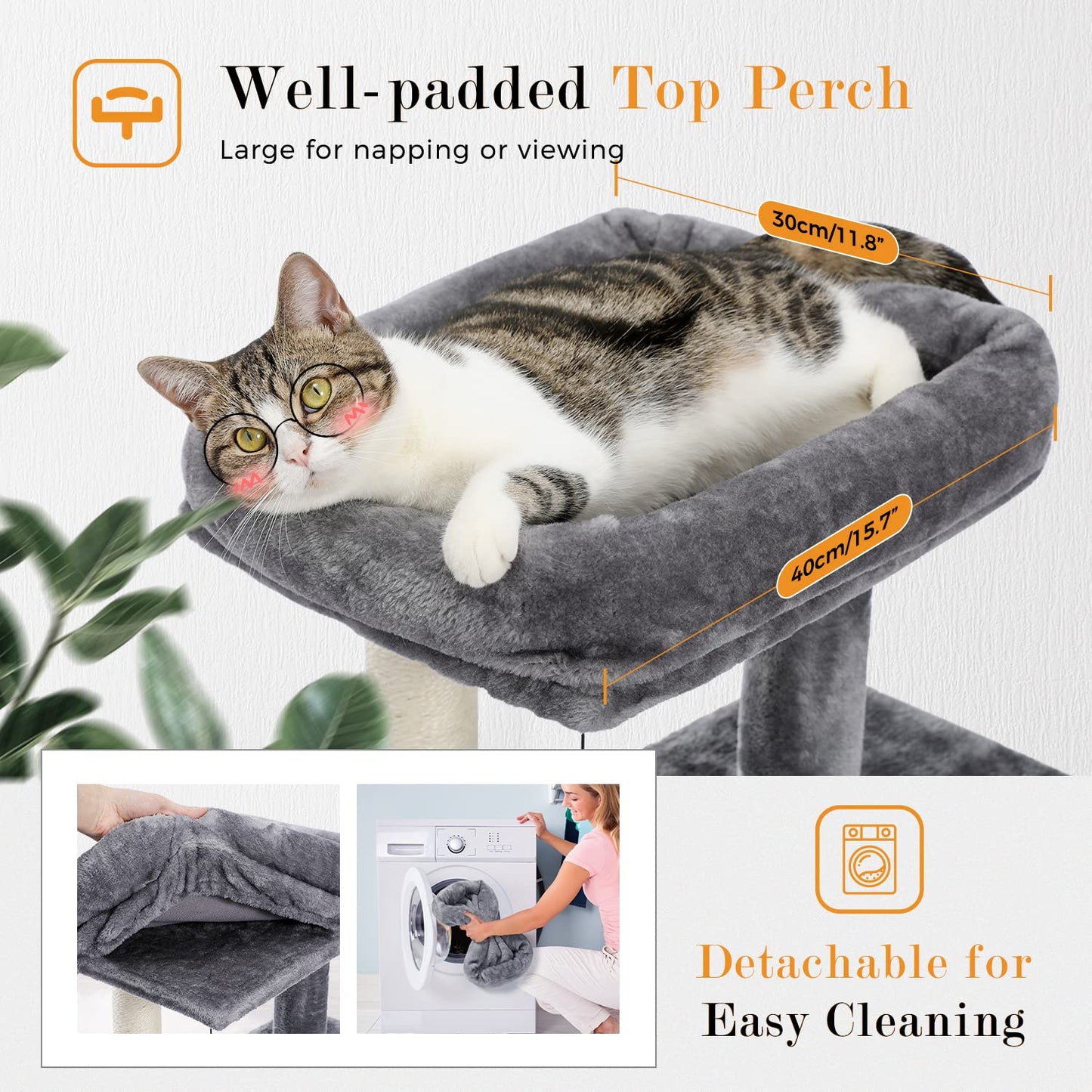 PETEPELA Cat Tree 90cm Cat Tower with Double Condos, Removable Spacious Perch, Fully Wrapped Scratching Posts for Indoor Cats, Replaceable Dangling Balls, 35 Inches Grey