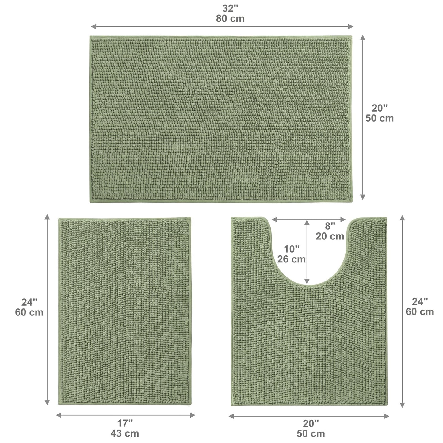 Urvoix Bathroom Rugs Sets 3 Piece, Non-Slip Chenille Bath Rug - Ultra Soft, Washable, Super Absorbent Bath Mat for Bathroom, Toilet and Tub (Sage Green)