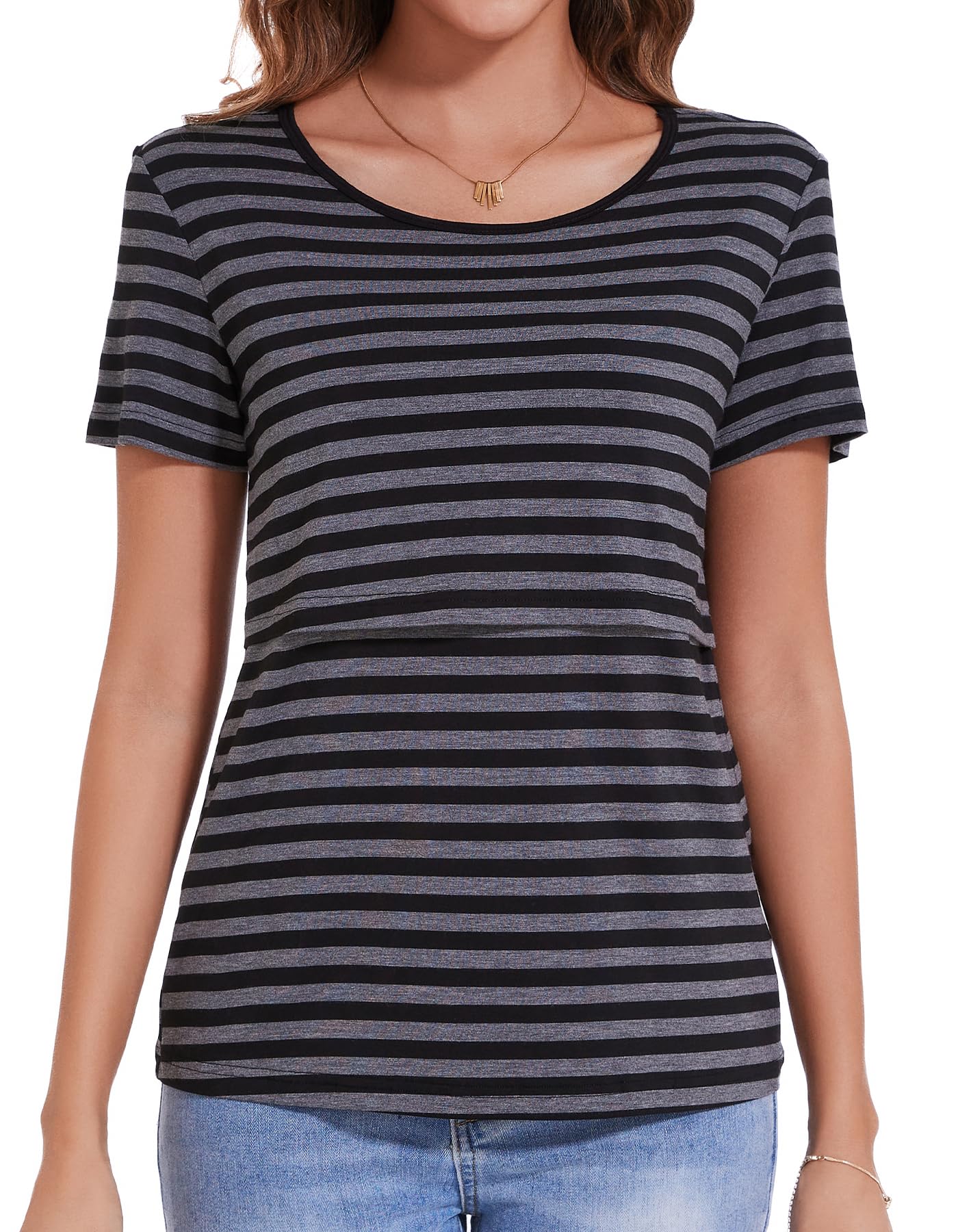 Sosolism 3 Pack Nursing Tops Summer Short Sleeve Breastfeeding Shirts Casual Pregnancy Postpartum Tshirts for Women Black, Dark Grey, Striped, Large