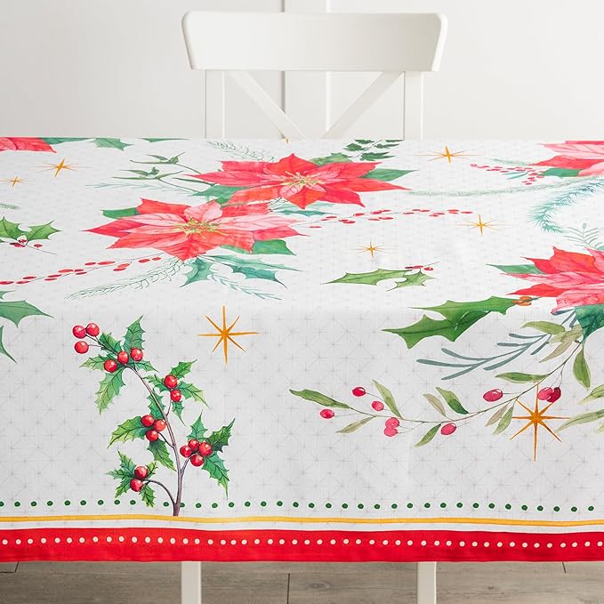 Maison d' Hermine Table Cloth Rectangle Table 100% Cotton 70 x 108 Inches Fall Tablecloth Reusable Everyday Use for Thanksgiving Christmas Decorations Dining Farmhouse Party (Poinsettia Christmas)