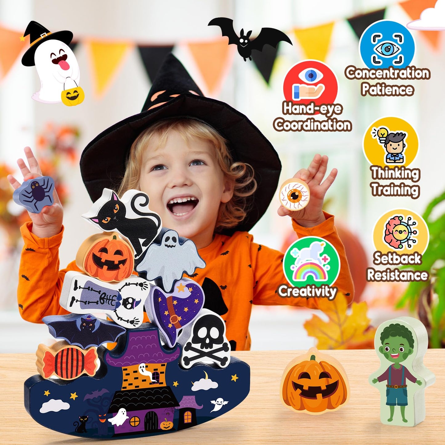 IPOURUP Halloween Toys for Kids 3-10 Kids Wooden Stacking Blocks Toy Birthday Gifts for 4 5 6 7 8 9 Year Old Boys Girls Toy Kid Balance Competition Games for Ages 5-7 Party Favors Boo Basket Stuffers