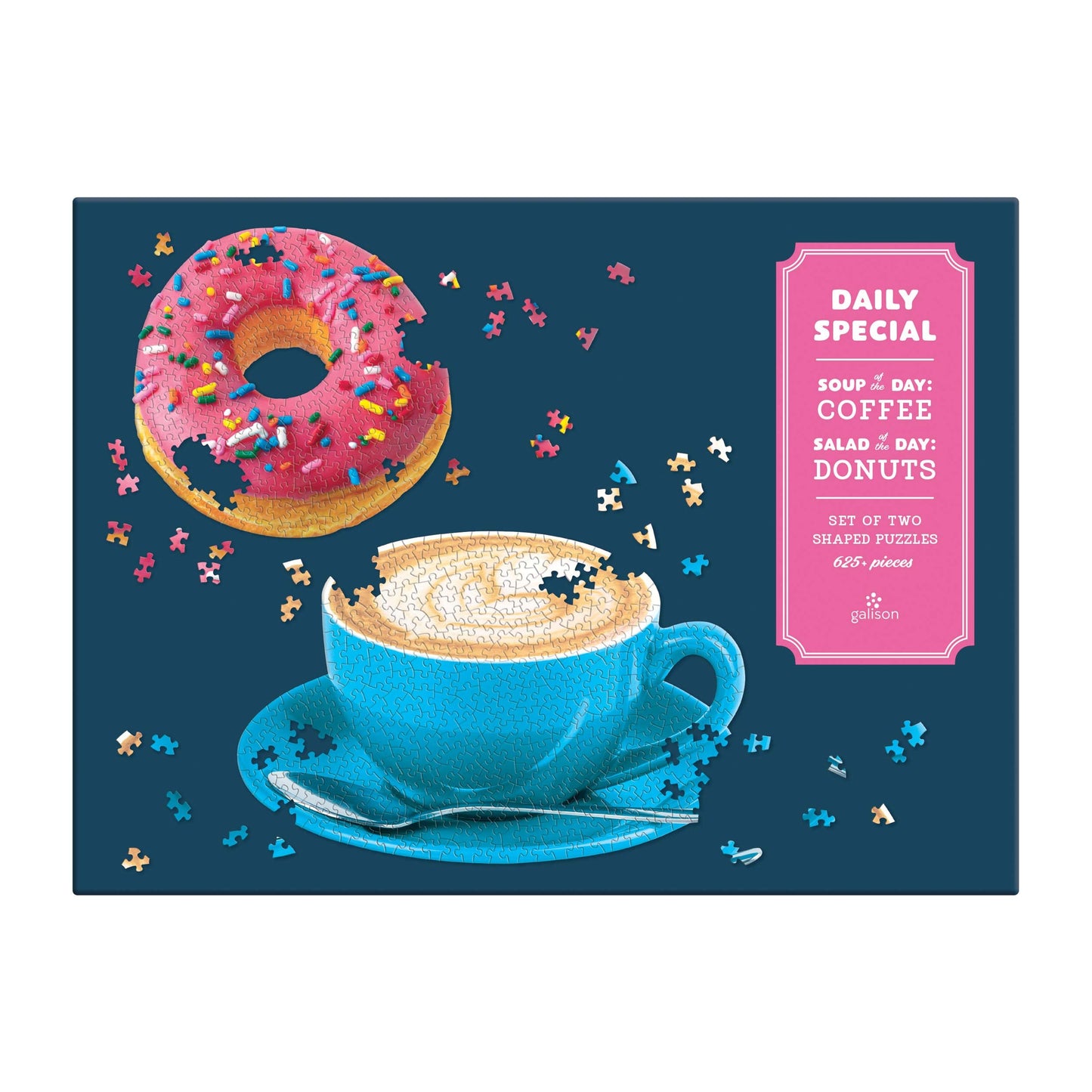 Galison Daily Special 2-in-1 Shaped Puzzle Set, 625 Pieces Total – Two Uniquely Shaped Puzzles Featuring a Donut and a Cup of Coffee - Thick, Sturdy Pieces – Challenging and Fun, Multicolor