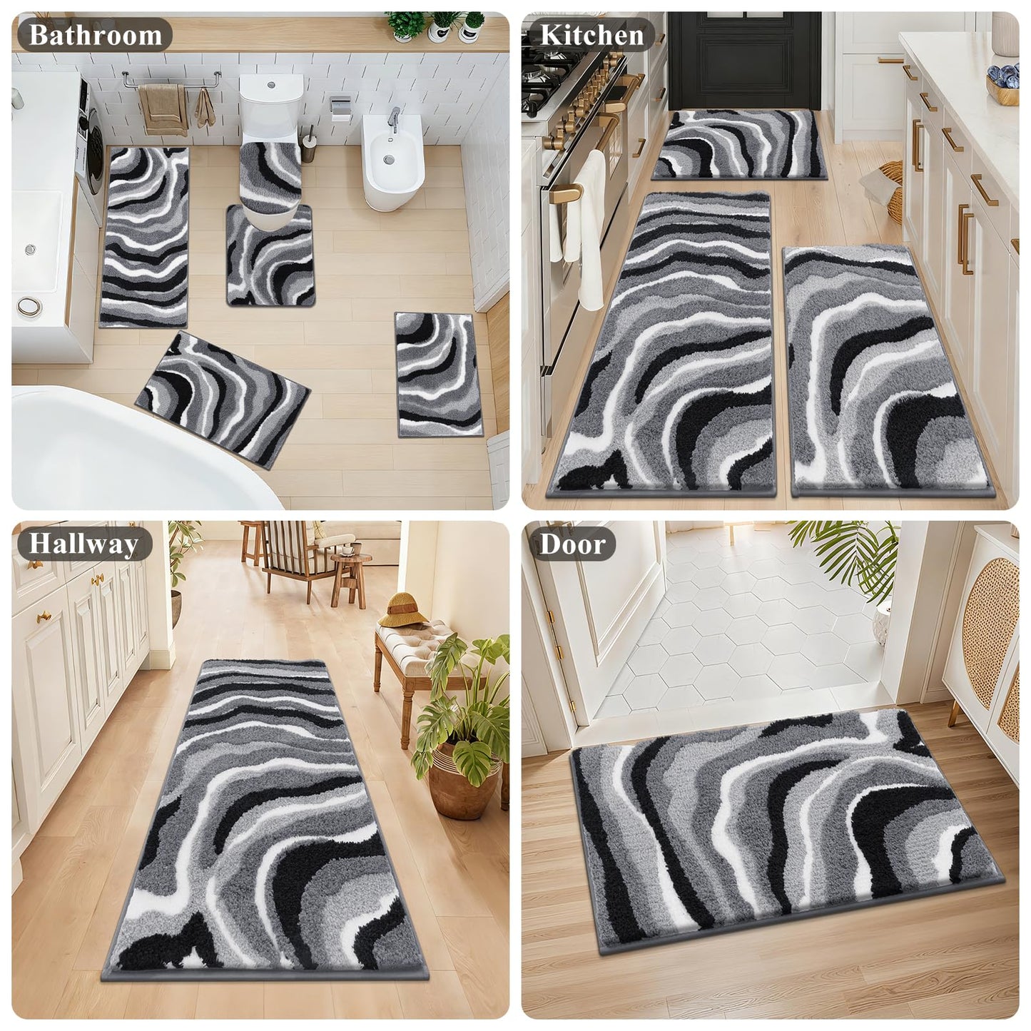 Bsmathom Bathroom Rug Set 5 Piece, Soft Non Slip Microfiber Bath Mat, Machine Wash Bathroom Mat Set, Water Absorbent Bath Mats with Toilet Cover, Bath Runner and U-Shaped Contour Toilet Rug, Black