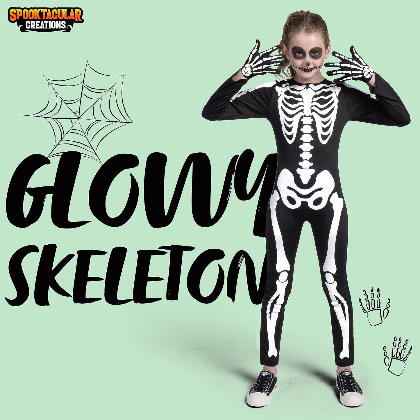 Spooktacular Creations Halloween Kids Skeleton Costume, Unisex Glow in the Dark Skeleton Jumpsuit with Gloves for Boys, Girls (Large(10-12 yrs))