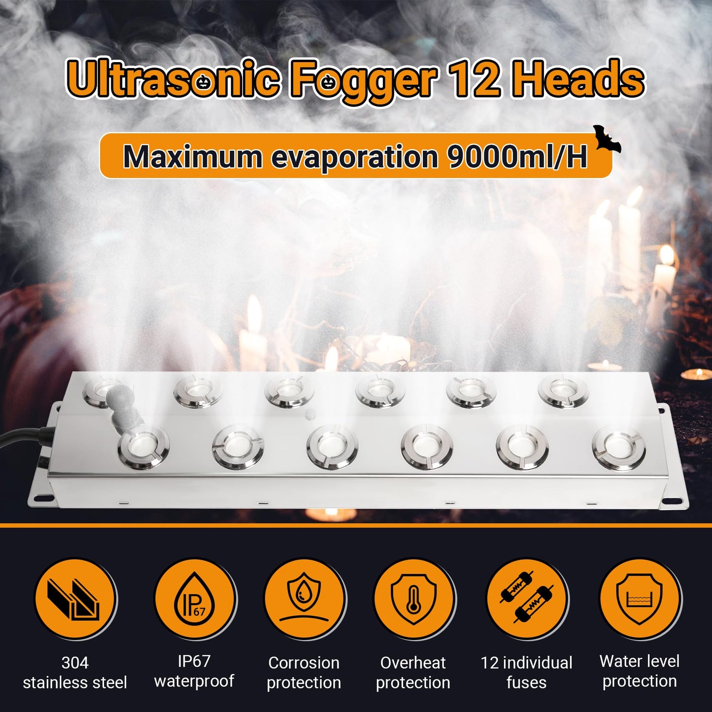 Toriexon Upgrade Ultrasonic Fogger 12 Head, Ultrasonic Mist Maker w/Float, 9000ml/H Mist Maker Fogger w/ 400W Waterproof Power Supply, Perfect for Pond, Greenhouse, Rockery, Halloween Decoration