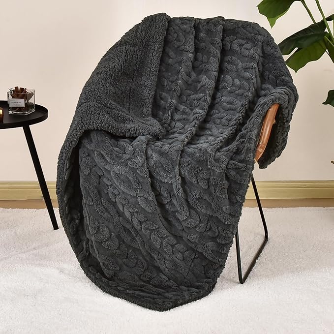PHF Fluffy Sherpa Throw Blanket for Winter, Warm and Soft, 510GSM 3D Jacquard Thick Shaggy Fleece Plush Blanket for Couch, Dark Grey, 50"x60"