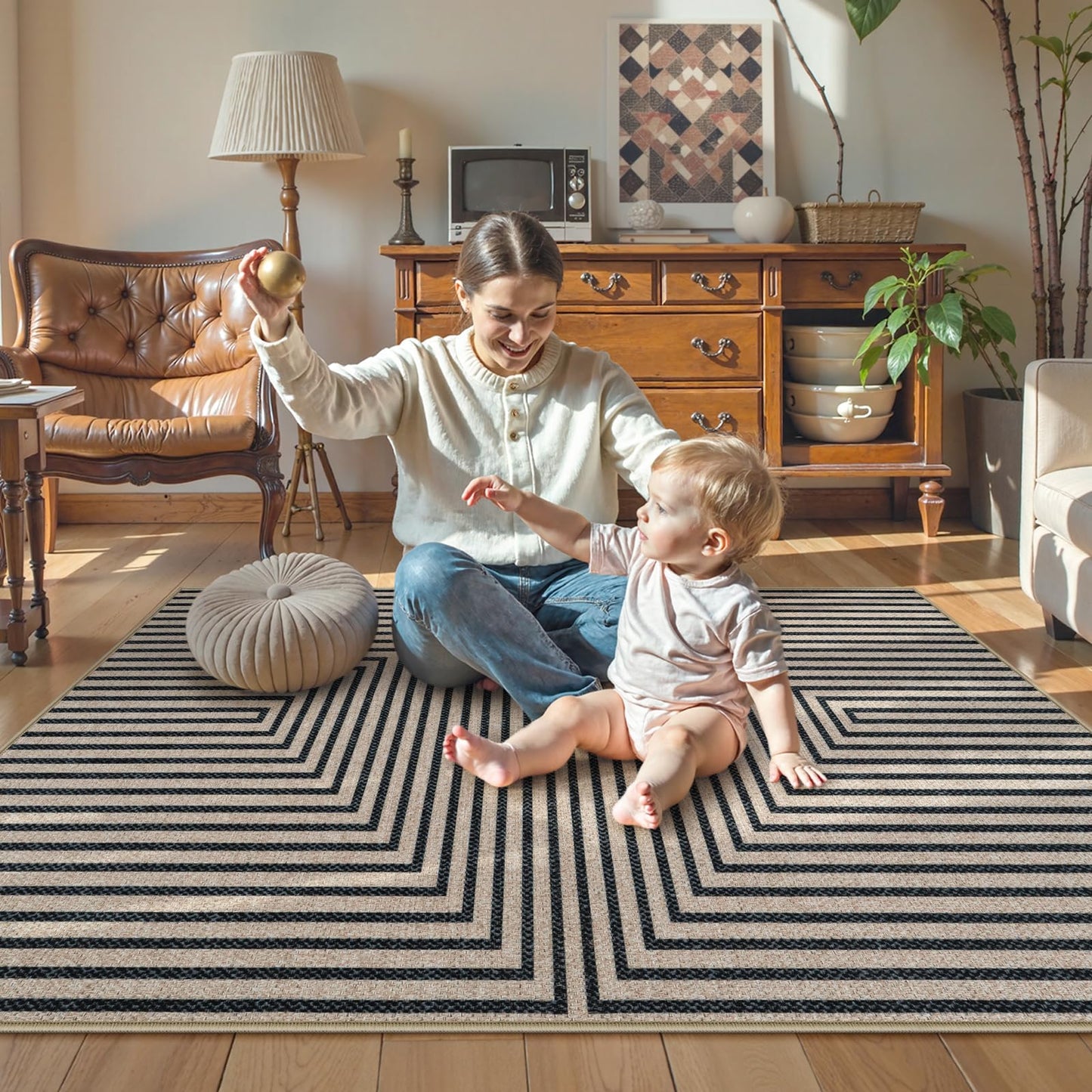 Collive 3x5 Easy Jute Outdoor Entryway Rug, Washable Modern Geometric Indoor Carpet Black Neutral Small Area Rugs, Non Slip Woven Kitchen Mats for Entrance Bedroom Kids Room Patio Decor