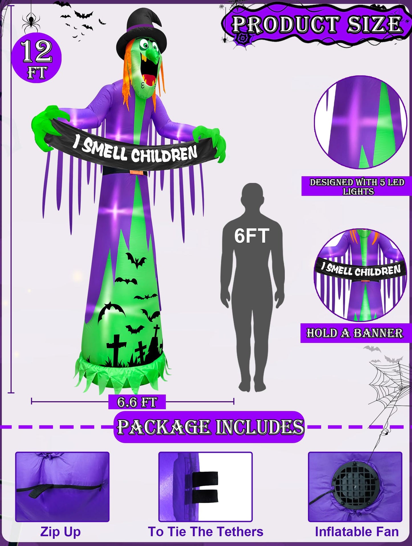12 FT Giant Halloween Inflatables Witch Outdoor Decorations with LED Lights,Scary Witch Holds I Smell Children Banner Blow Up Halloween Decorations Outdoor Yard Garden Lawn Home with Stakes Tether