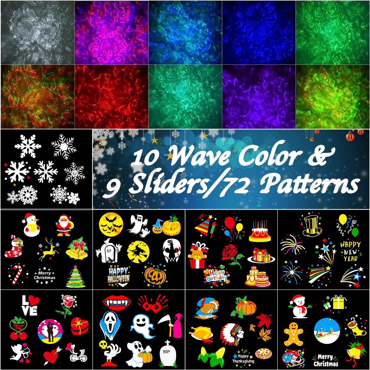 Nazuwke Halloween Christmas Projector Lights Outdoor, 2025 Upgrade Holiday Projection Light with Remote, 3D Ocean Wave & 72 HD Patterns, Waterproof Snowflake Projector for Xmas Party Yard Decor