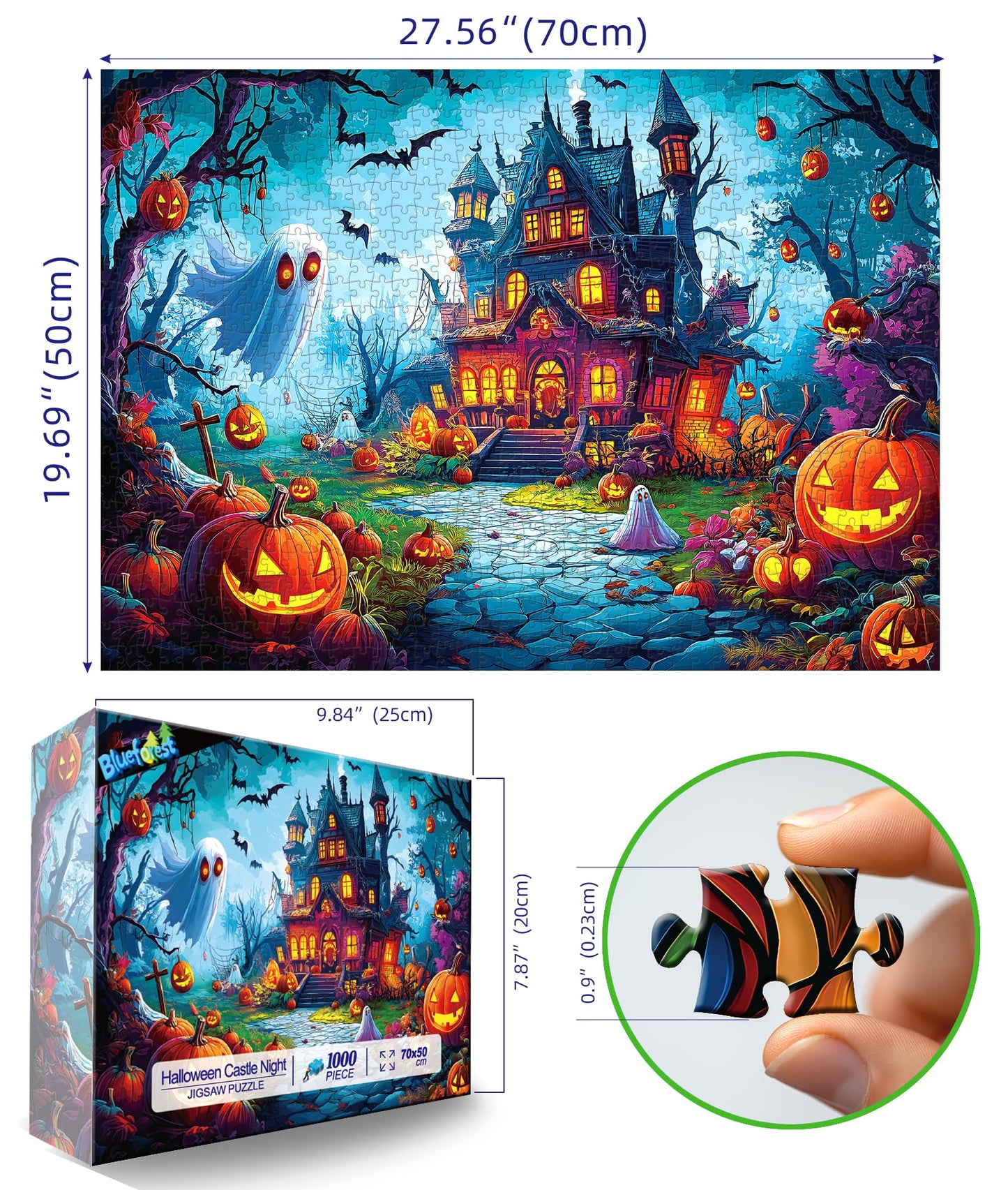 Halloween Jigsaw Puzzle 1000 Pieces for Adults - Haunted House Scene with Jack-o'-Lanterns, Ghosts & Bats - Spooky Night Sky Puzzle - Challenging 1000-Piece Jigsaw for Adults & Teens