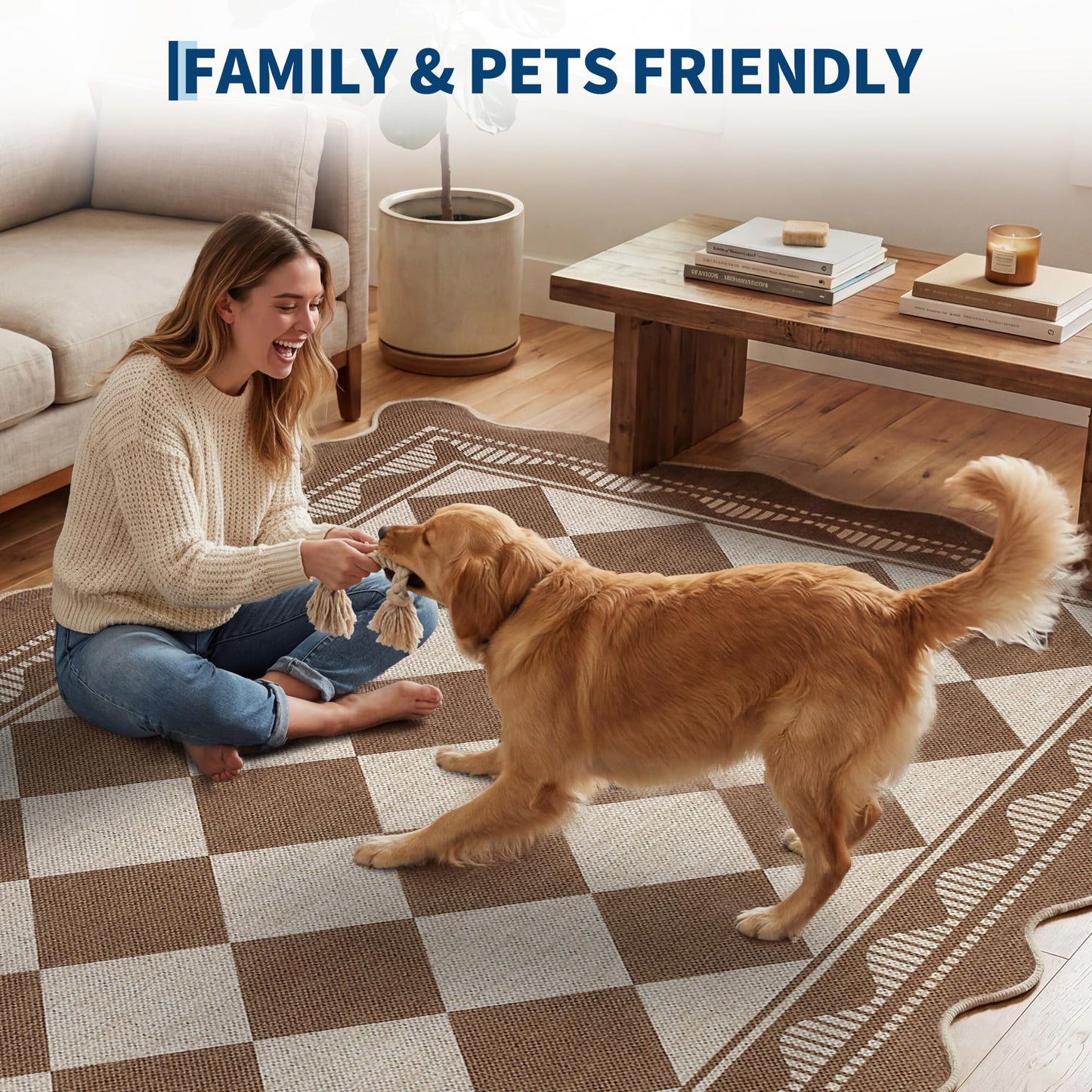 Garvee Easy Jute 2x6 Scalloped Border Kitchen Rugs Non Slip Indoor Outdoor Washable Rugs for Living Room Low Pile Floor Cover for Entryway Stain Resistant Indoor Carpet for Hallway,Brown