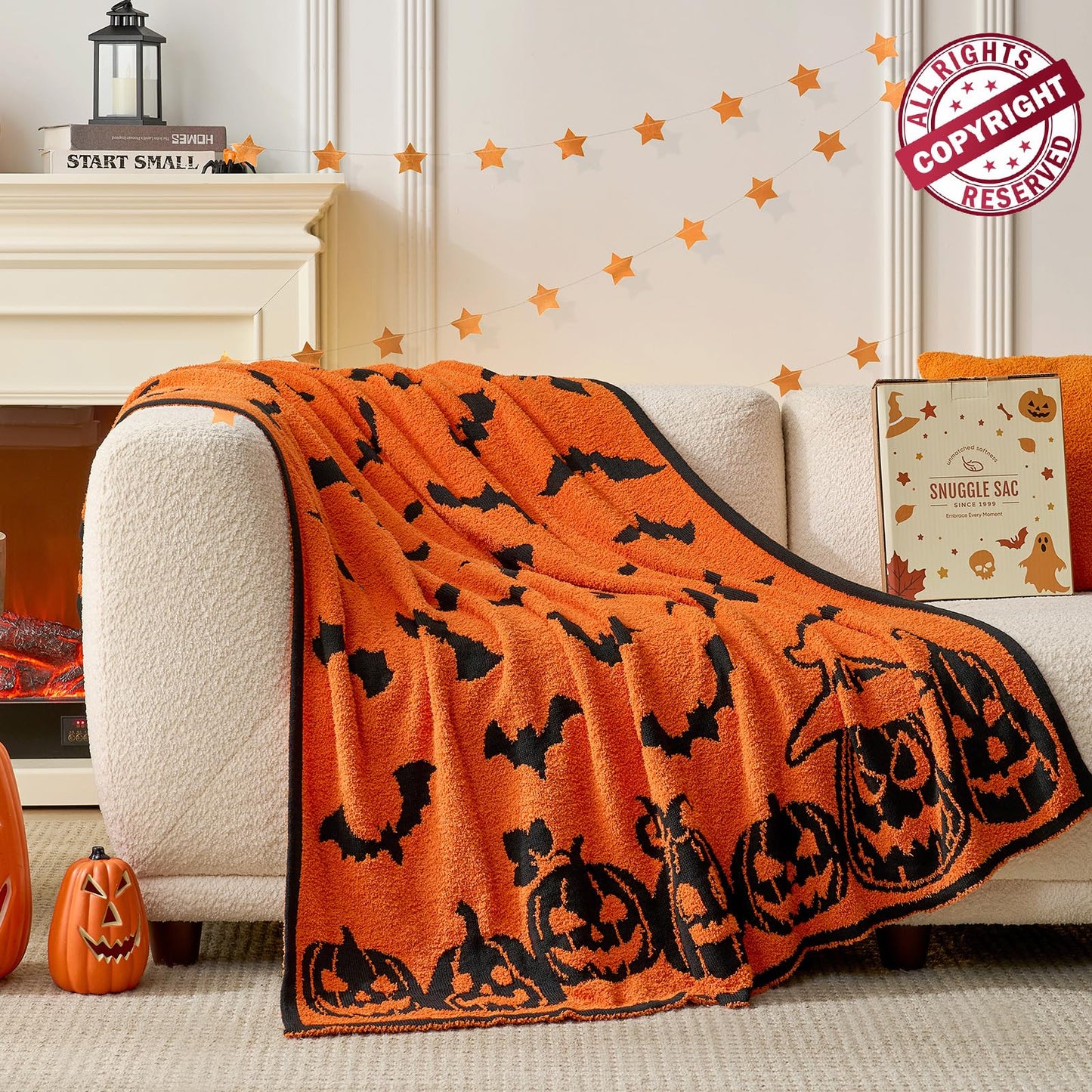 Snuggle Sac Halloween Throw Blanket Orange Pumpkin Bat Blanket,Reversible Rip Lightweight Soft Blanket for Decorating Couch Sofa Bed, Spooky Gift for Women Men Kids,50×60 inches