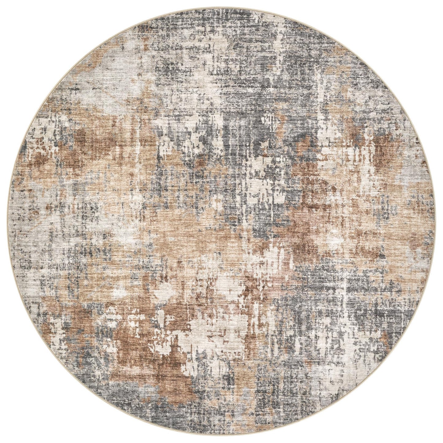 DMOYEST 5ft Round Area Rug Living Room Rugs - 5x5 Washable Large Soft Indoor Neutral Modern Abstract Low Pile Rug Carpet for Bedroom Dining Room Farmhouse Home Office - Grey Brown