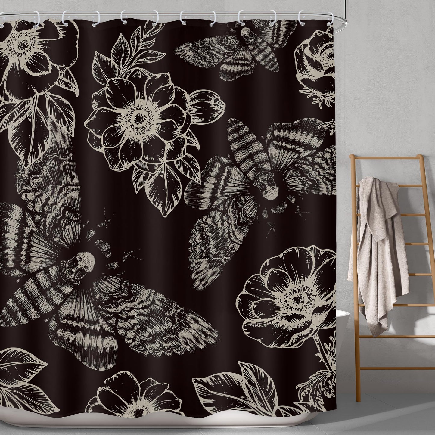 LGhtyro Gothic Skull Moth Halloween Shower Curtain Bathroom Set 60Wx71H Inches Witchy Scary Black Flower Death Head Mysterious Butterflys Bath Accessories Men Art Home Decor Fabric 12 Pack Hooks